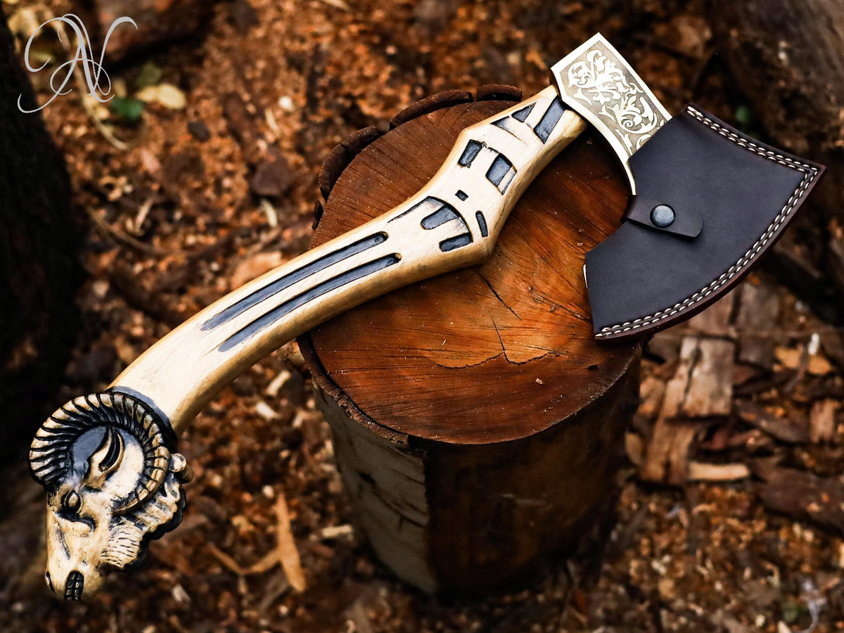 Hand-Forged Viking Bearded Axe with Engraved Goat Head Handle and Leather Sheath