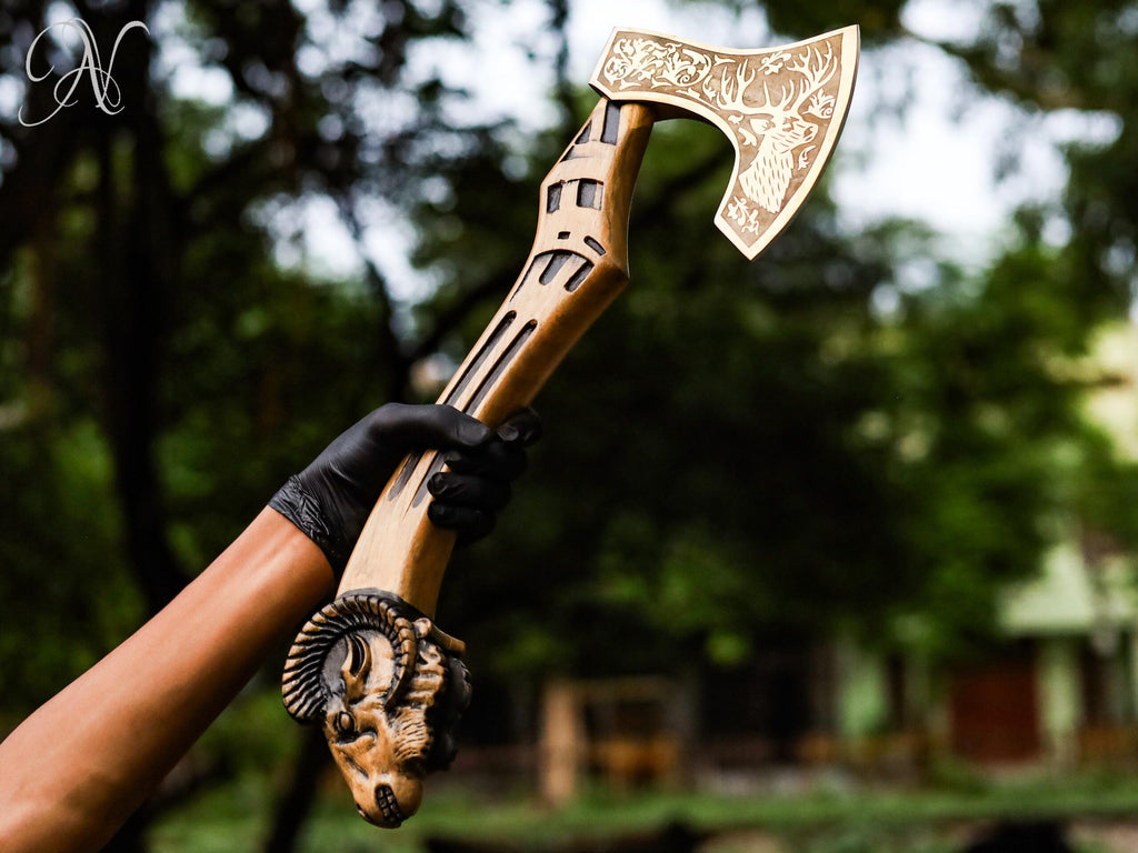 Hand-Forged Viking Bearded Axe with Engraved Goat Head Handle and Leather Sheath