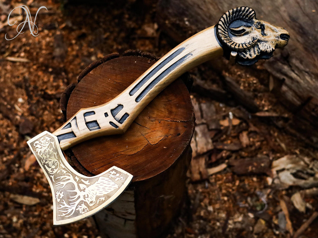 Hand-Forged Viking Bearded Axe with Engraved Goat Head Handle and Leather Sheath