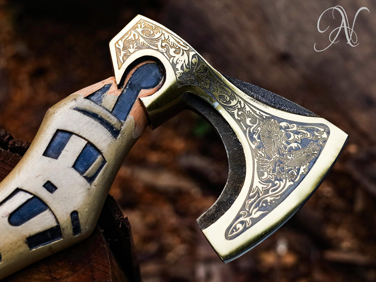Hand-Forged Viking Bearded Axe with Engraved Eagle Head Handle and Leather Sheath