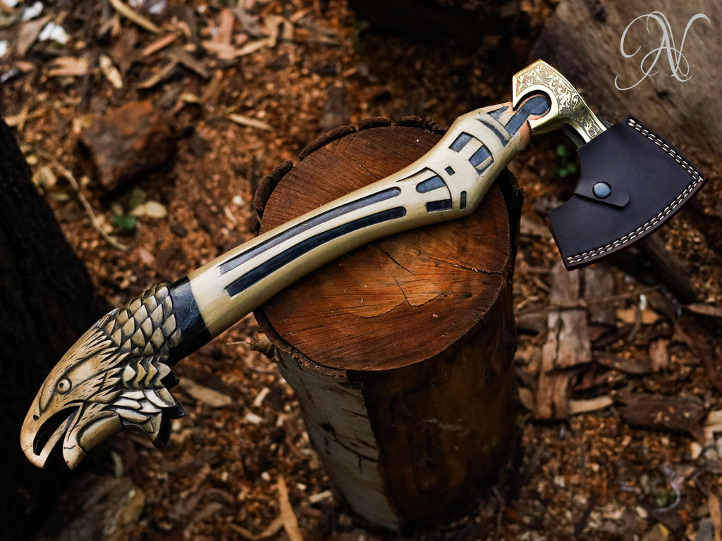 Hand-Forged Viking Bearded Axe with Engraved Eagle Head Handle and Leather Sheath