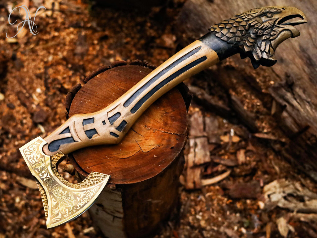 Hand-Forged Viking Bearded Axe with Engraved Eagle Head Handle and Leather Sheath