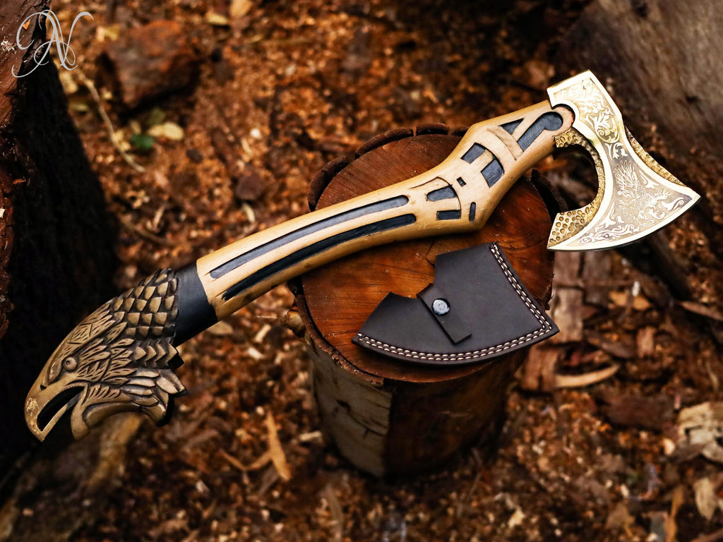 Hand-Forged Viking Bearded Axe with Engraved Eagle Head Handle and Leather Sheath