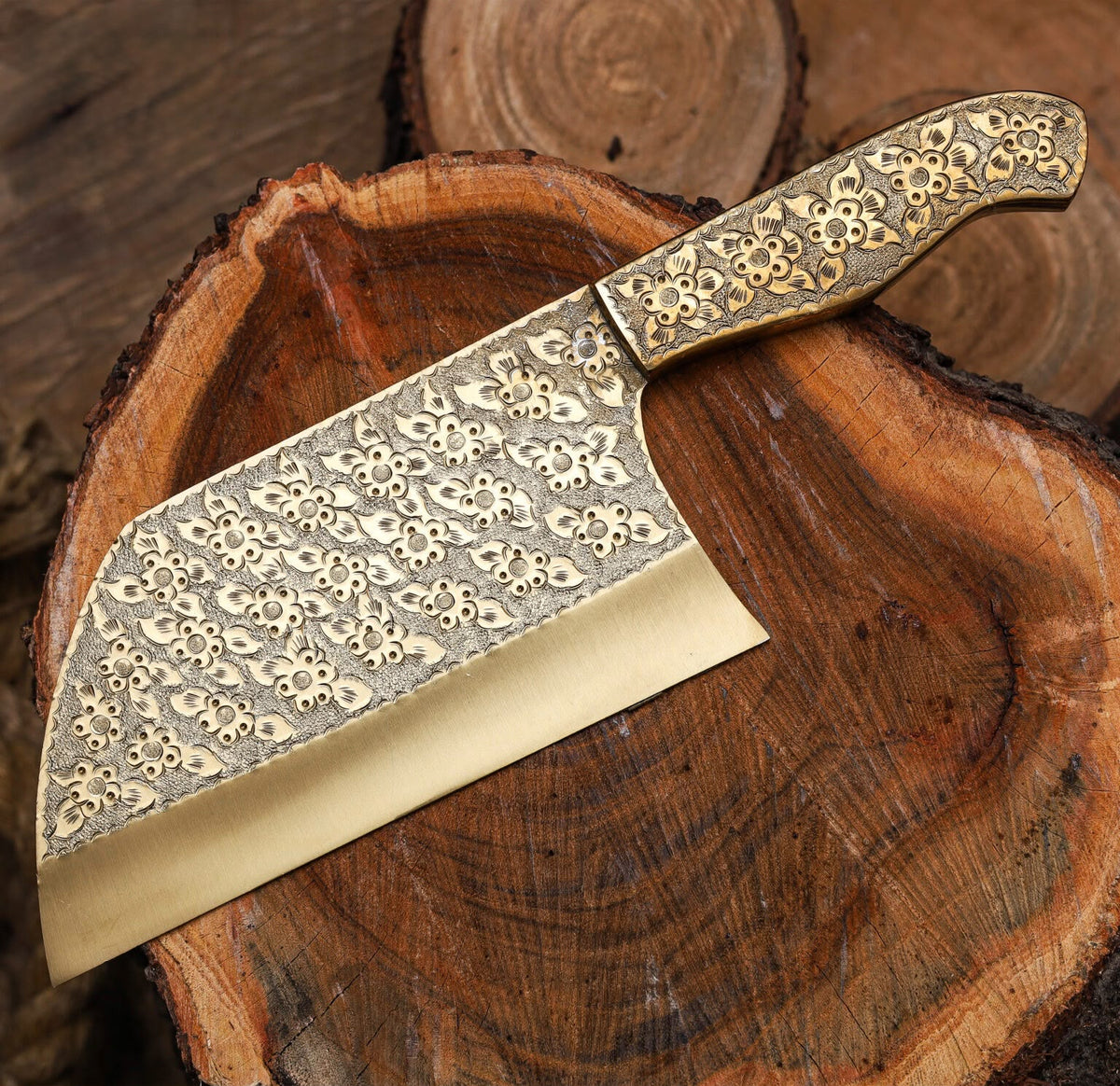 Floral Engraved Damascus Cleaver – Handmade Butcher Knife with Artistic Blade & Wooden Handle