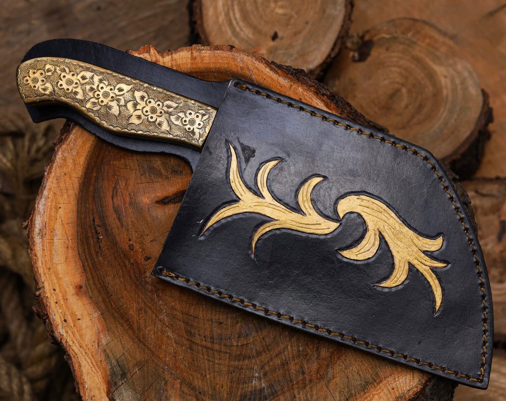Floral Engraved Damascus Cleaver – Handmade Butcher Knife with Artistic Blade & Wooden Handle
