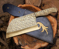 Floral Engraved Damascus Cleaver – Handmade Butcher Knife with Artistic Blade & Wooden Handle