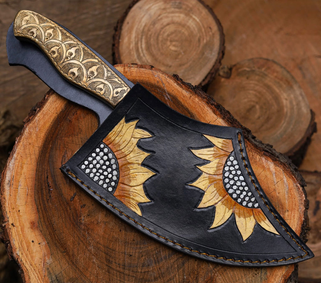 Engraved Damascus Cleaver – Handmade Butcher Knife with Custom Pattern & Wooden Handle