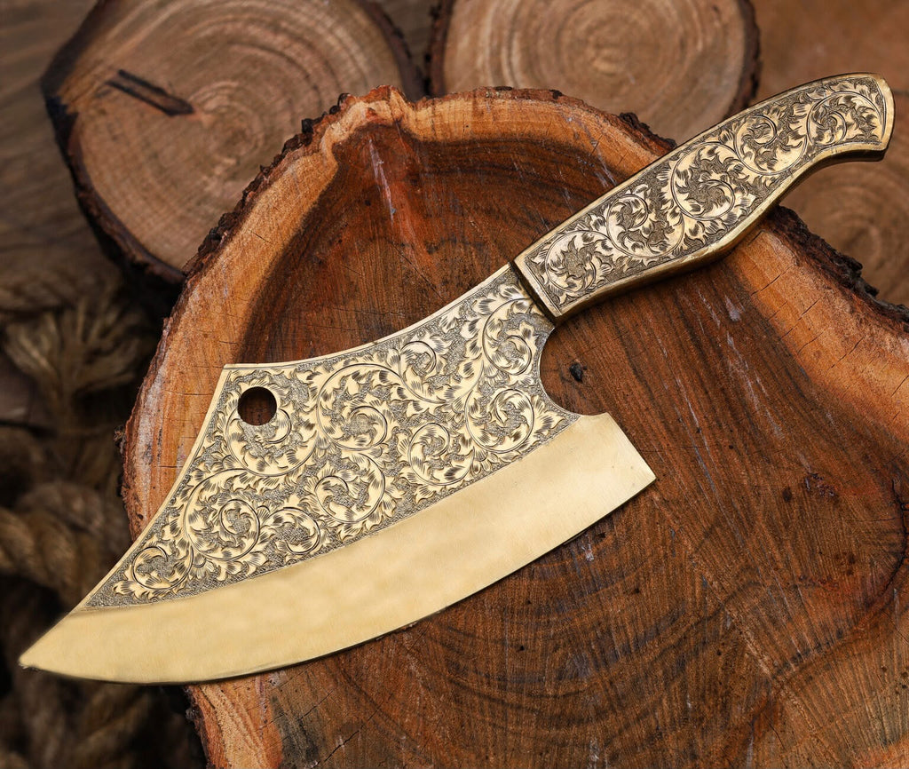 Engraved Cleaver Knife – Handmade Damascus Steel Butcher Knife with Wooden Handle for Chefs & Collectors