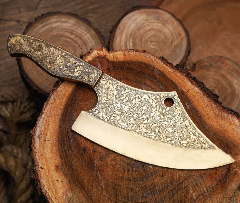 Engraved Cleaver Knife – Handmade Damascus Steel Butcher Knife with Wooden Handle for Chefs & Collectors