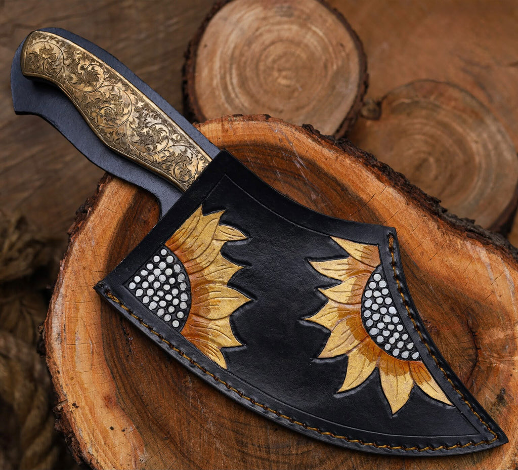 Engraved Cleaver Knife – Handmade Damascus Steel Butcher Knife with Wooden Handle for Chefs & Collectors