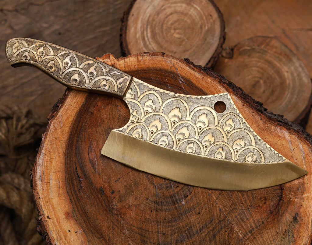 Engraved Damascus Cleaver – Handmade Butcher Knife with Custom Pattern & Wooden Handle