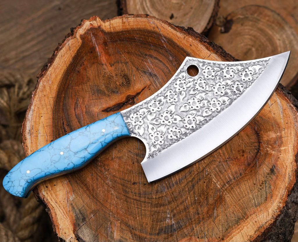 Hand-Forged Engraved Cleaver Knife | Full Tang D2 Steel Blade | Turquoise Resin Handle | Custom Sunflower Leather Sheath