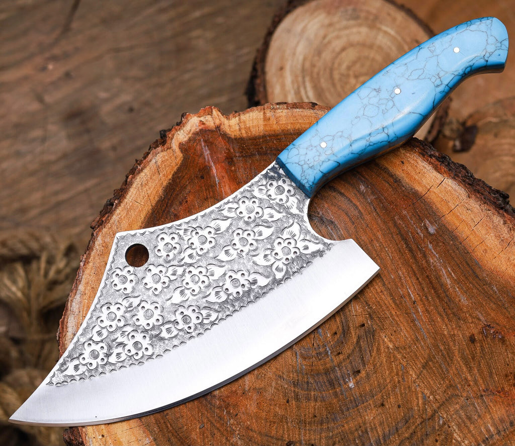 Hand-Forged Engraved Cleaver Knife | Full Tang D2 Steel Blade | Turquoise Resin Handle | Custom Sunflower Leather Sheath