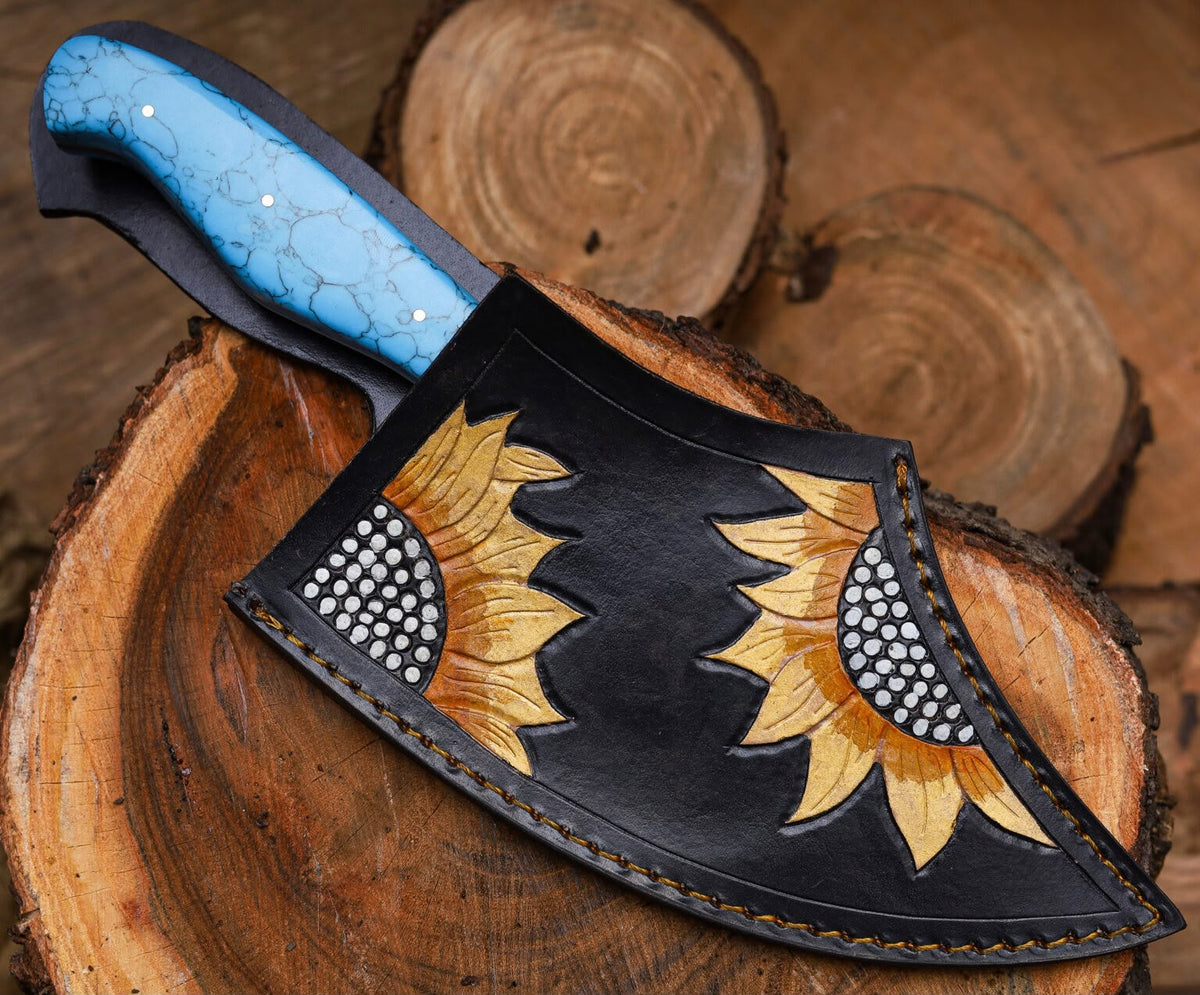 Hand-Forged Engraved Cleaver Knife | Full Tang D2 Steel Blade | Turquoise Resin Handle | Custom Sunflower Leather Sheath