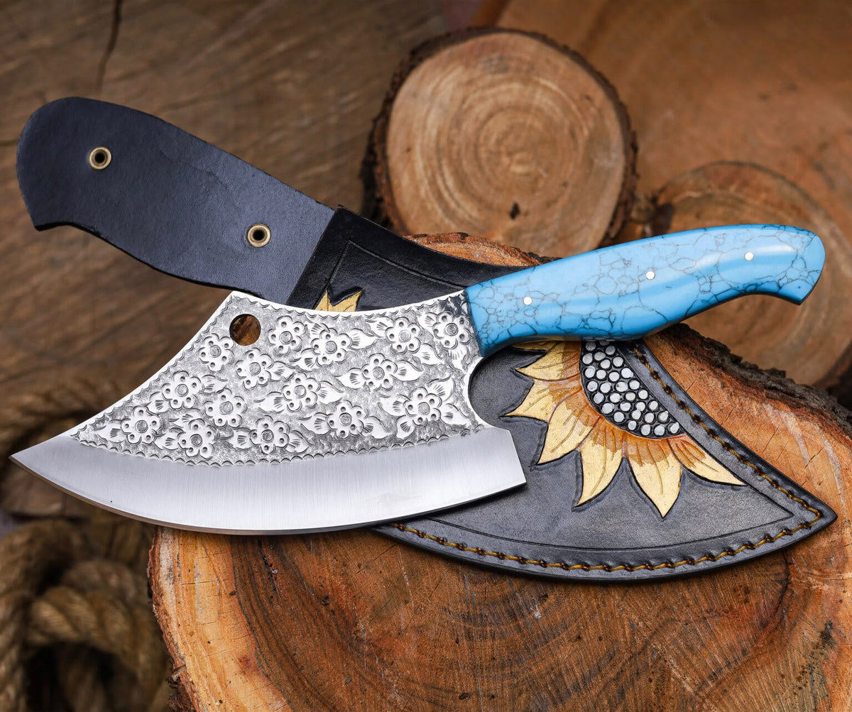 Hand-Forged Engraved Cleaver Knife | Full Tang D2 Steel Blade | Turquoise Resin Handle | Custom Sunflower Leather Sheath
