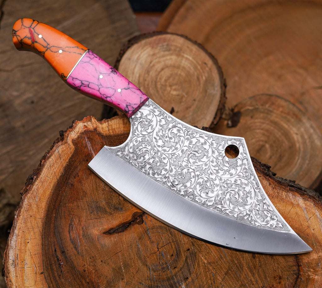 Hand-Forged Engraved Cleaver Knife | Full Tang D2 Steel Blade | Pink & Orange Resin Handle | Collector & Kitchen Use
