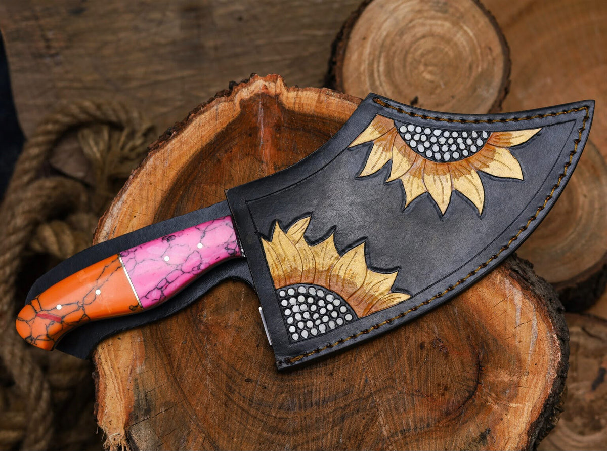 Hand-Forged Engraved Cleaver Knife | Full Tang D2 Steel Blade | Pink & Orange Resin Handle | Collector & Kitchen Use