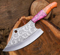 Hand-Forged Engraved Cleaver Knife | Full Tang D2 Steel Blade | Pink & Orange Resin Handle | Collector & Kitchen Use