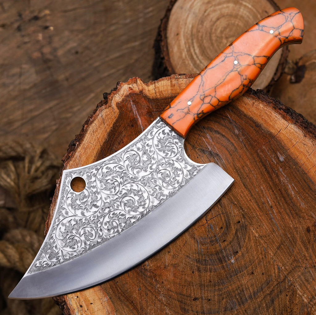 Hand-Forged Engraved Cleaver Knife | Full Tang D2 Steel Blade | Orange Resin Handle | Custom Sunflower Leather Sheath