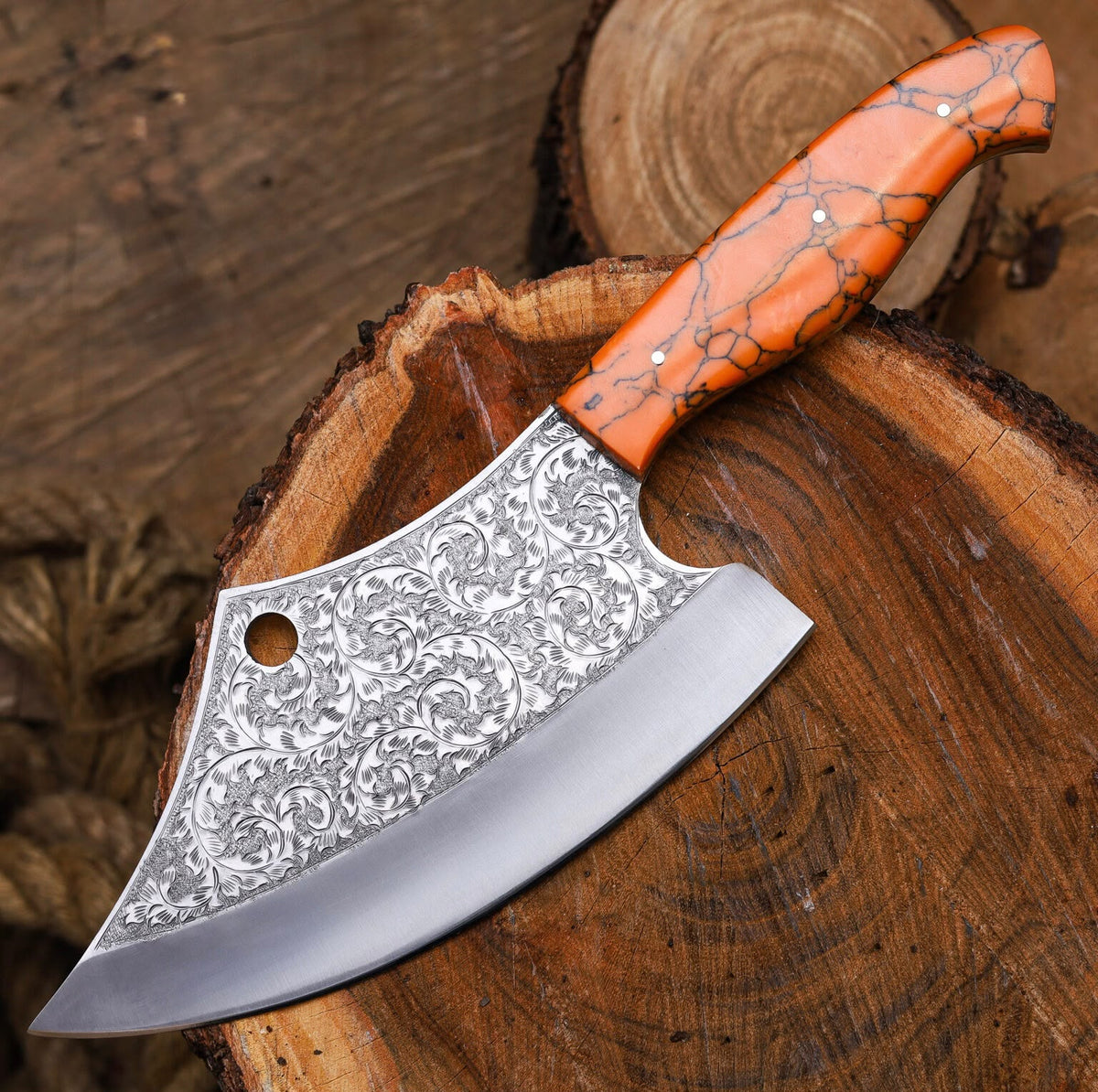 Hand-Forged Engraved Cleaver Knife | Full Tang D2 Steel Blade | Orange Resin Handle | Custom Sunflower Leather Sheath