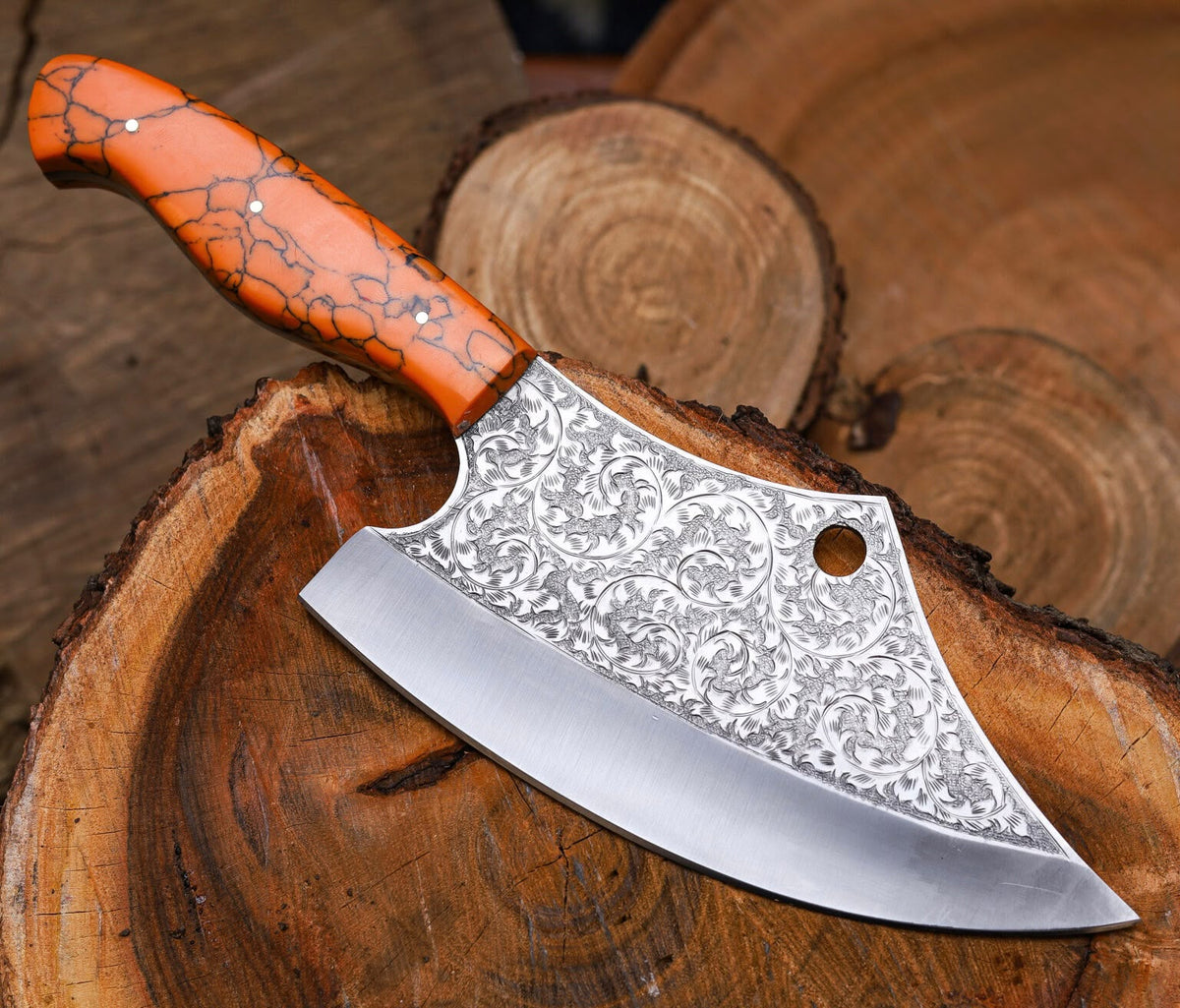 Hand-Forged Engraved Cleaver Knife | Full Tang D2 Steel Blade | Orange Resin Handle | Custom Sunflower Leather Sheath