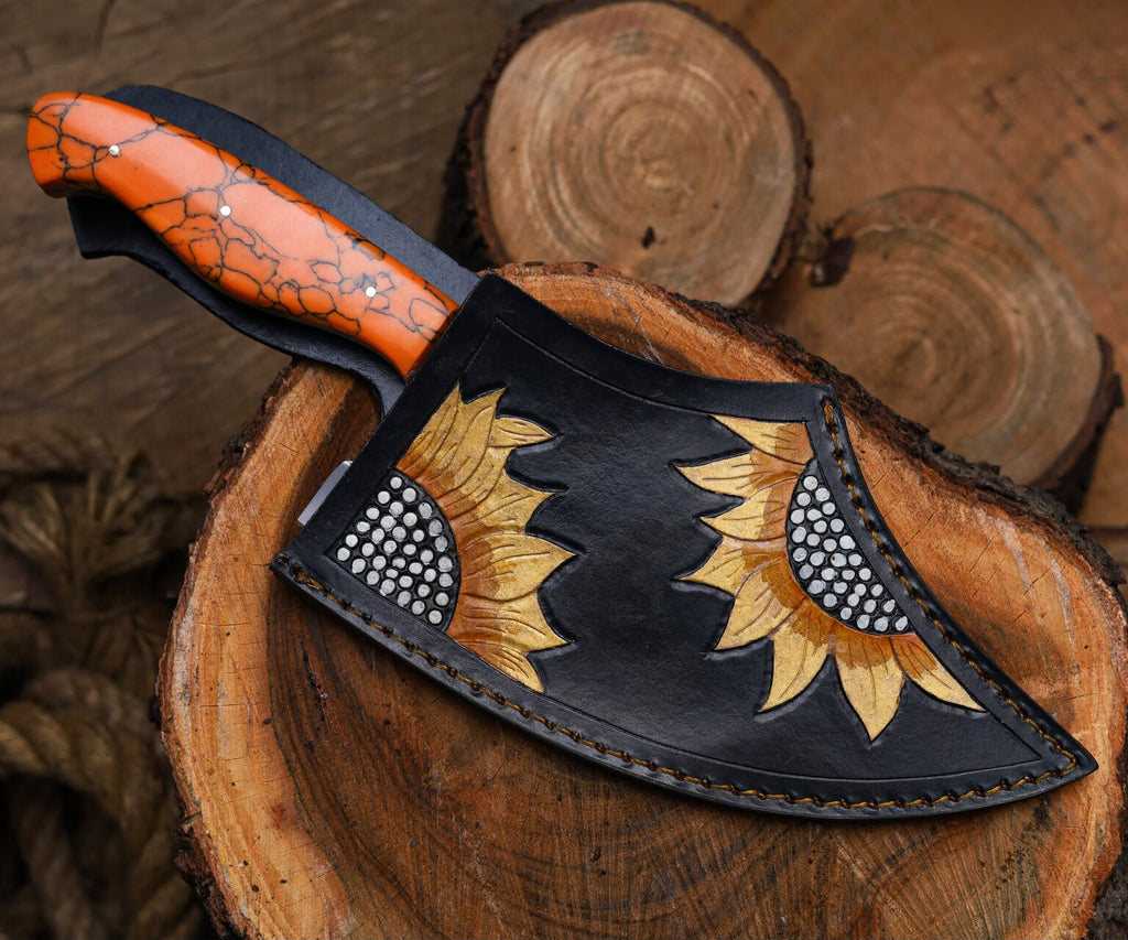 Hand-Forged Engraved Cleaver Knife | Full Tang D2 Steel Blade | Orange Resin Handle | Custom Sunflower Leather Sheath