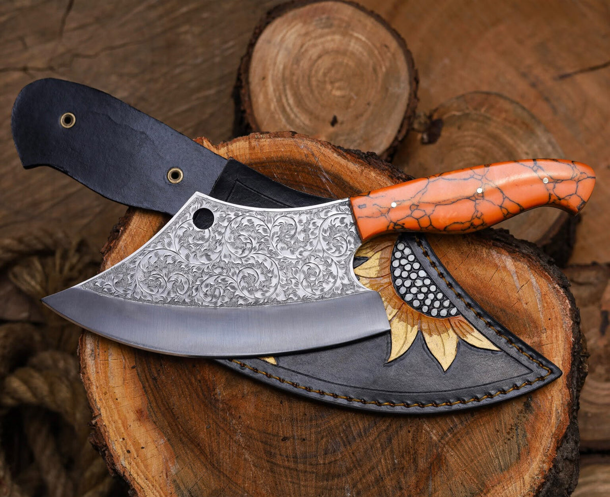 Hand-Forged Engraved Cleaver Knife | Full Tang D2 Steel Blade | Orange Resin Handle | Custom Sunflower Leather Sheath