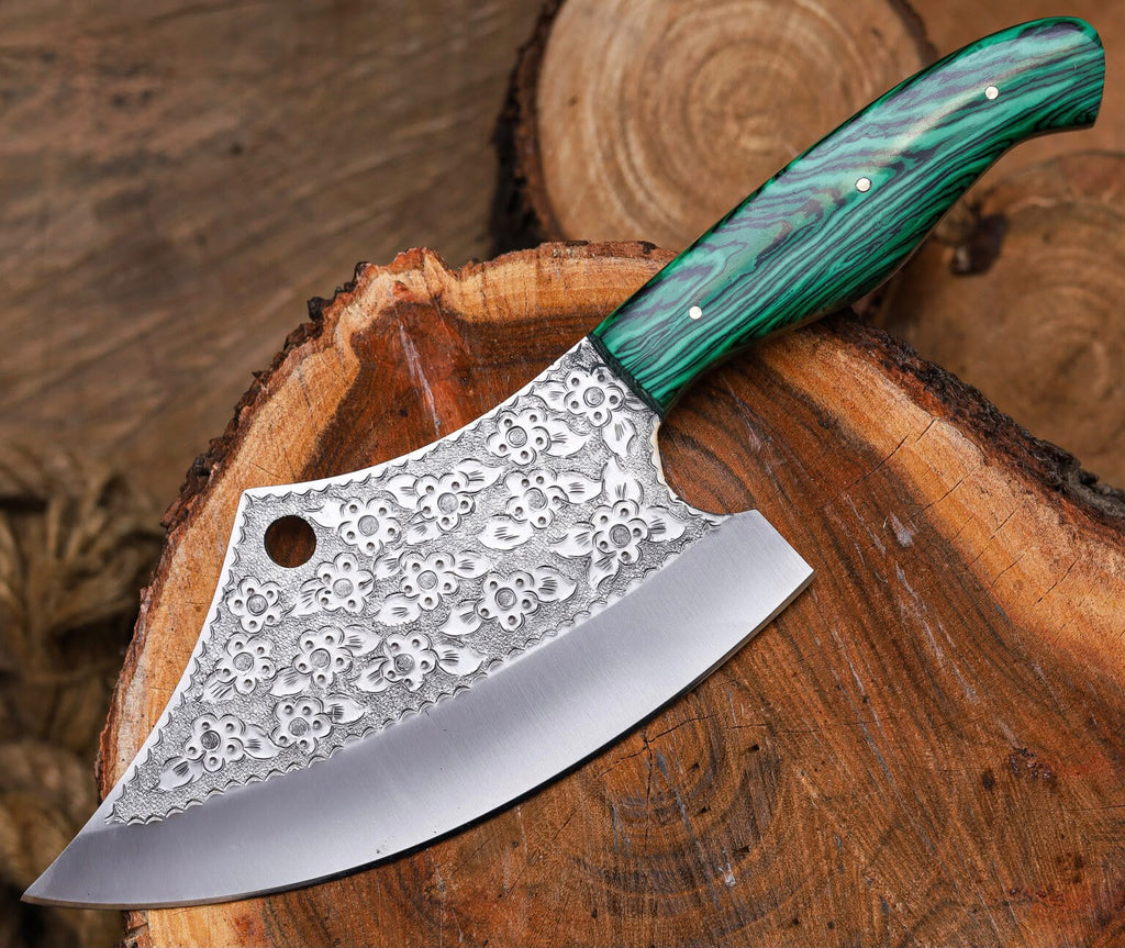 Hand-Forged Engraved Cleaver Knife | Full Tang D2 Steel Blade | Green Wood Handle | Custom Sunflower Leather Sheath