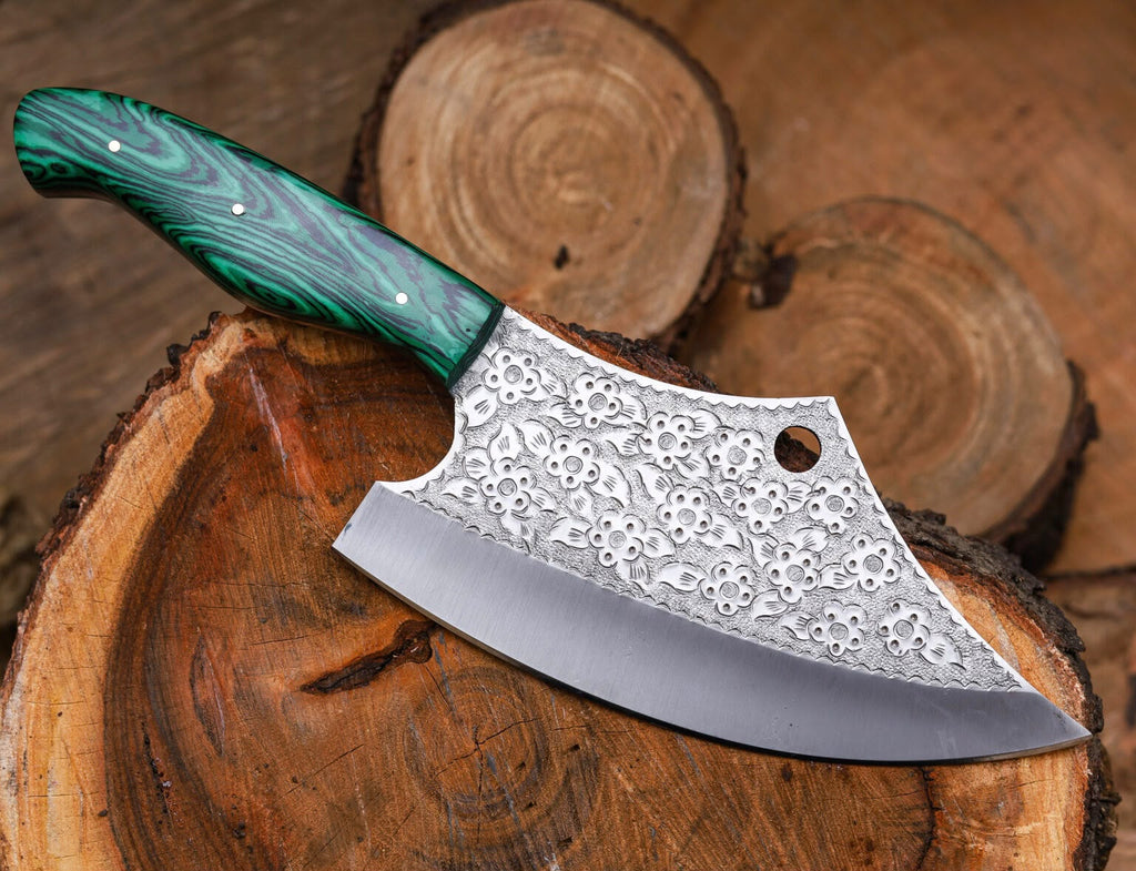 Hand-Forged Engraved Cleaver Knife | Full Tang D2 Steel Blade | Green Wood Handle | Custom Sunflower Leather Sheath