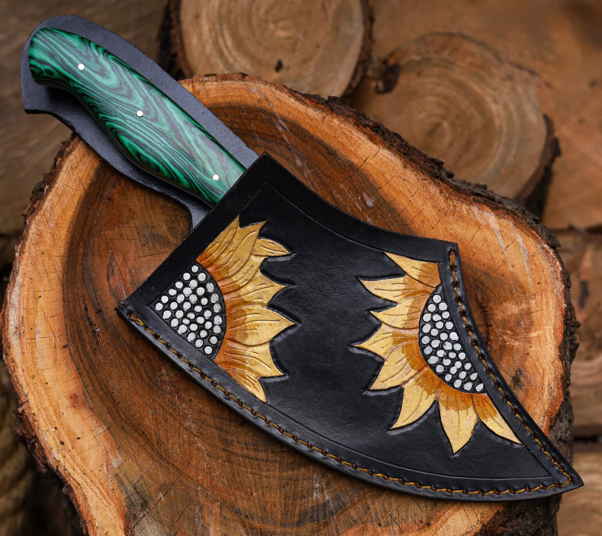 Hand-Forged Engraved Cleaver Knife | Full Tang D2 Steel Blade | Green Wood Handle | Custom Sunflower Leather Sheath