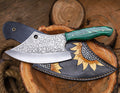 Hand-Forged Engraved Cleaver Knife | Full Tang D2 Steel Blade | Green Wood Handle | Custom Sunflower Leather Sheath