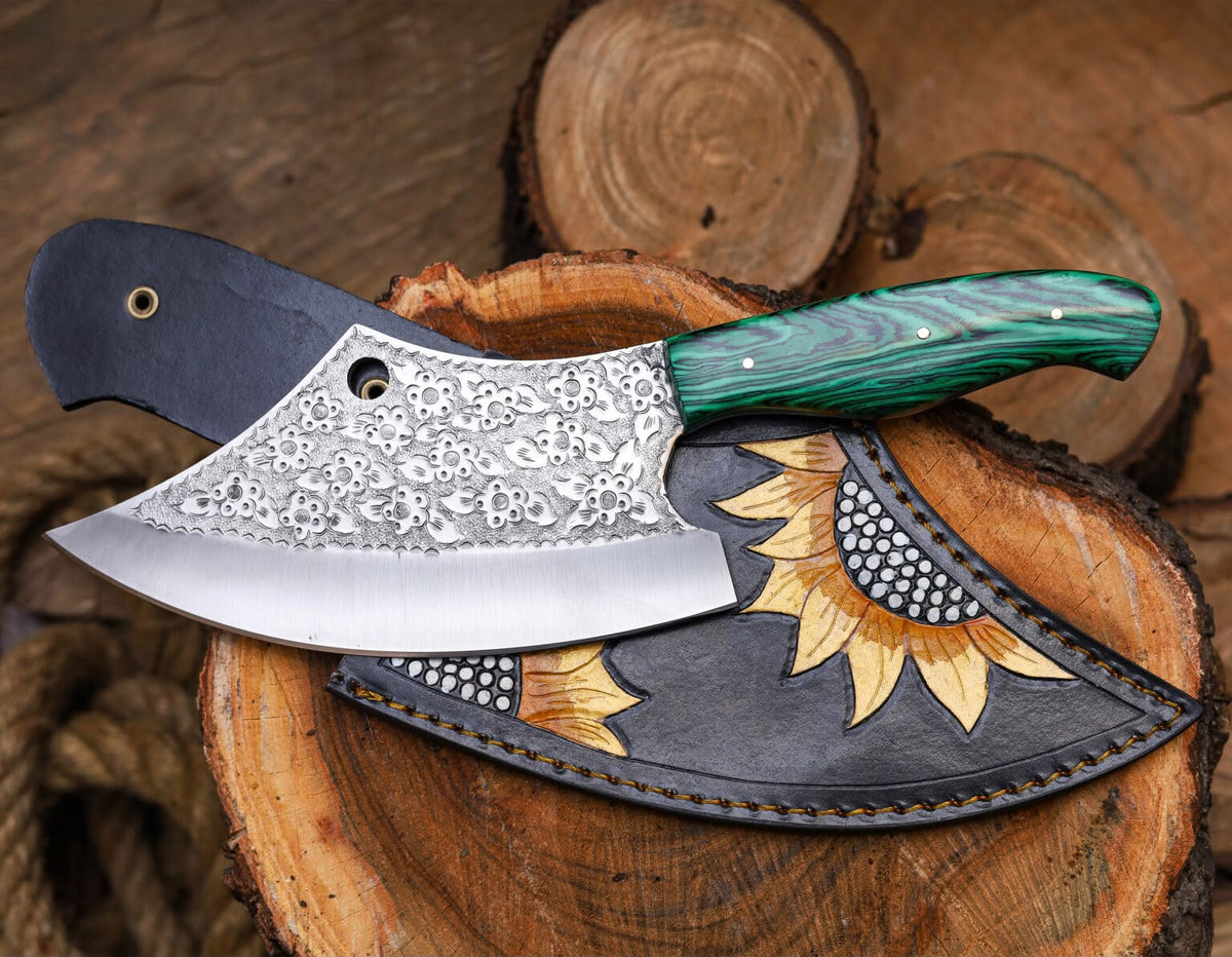 Hand-Forged Engraved Cleaver Knife | Full Tang D2 Steel Blade | Green Wood Handle | Custom Sunflower Leather Sheath