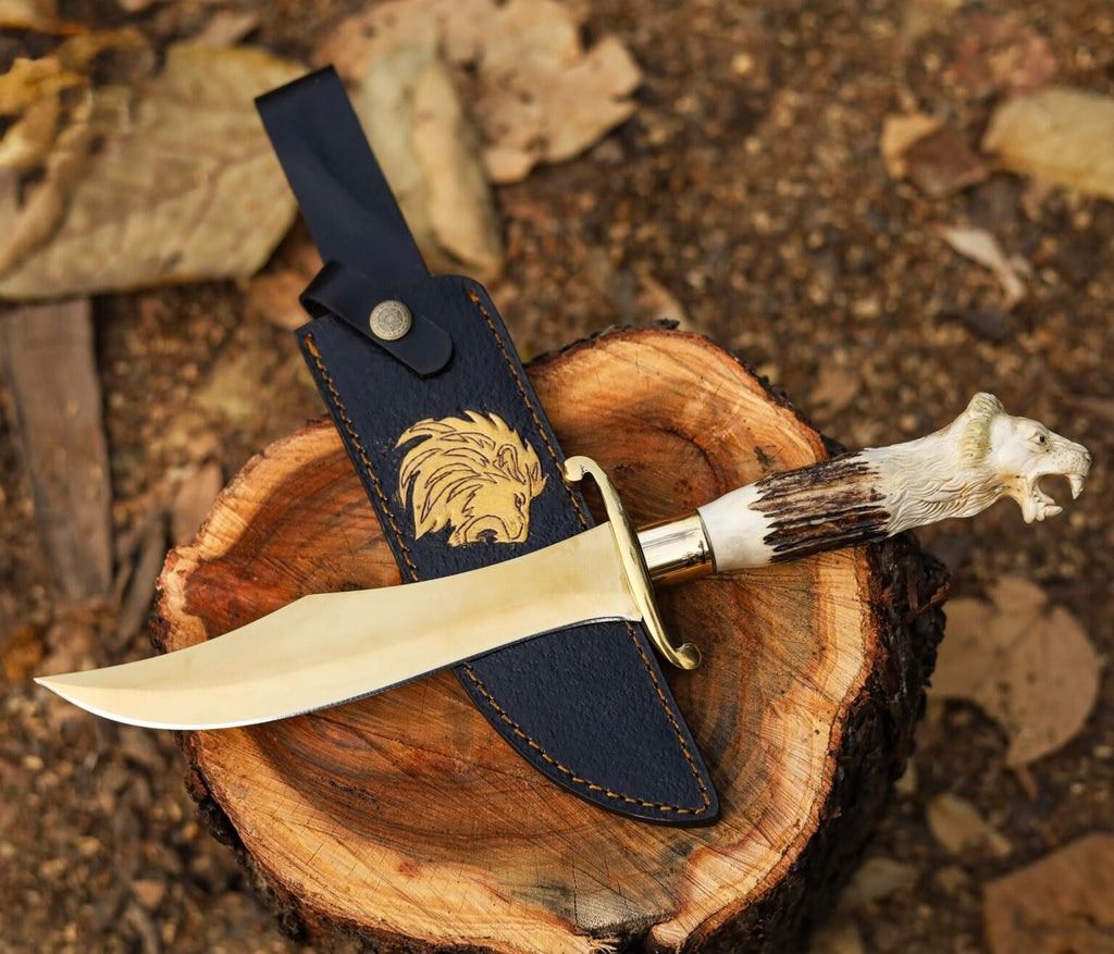 Handcrafted Stag Antler Handle Bowie Knife – Lion Head Carved Handle