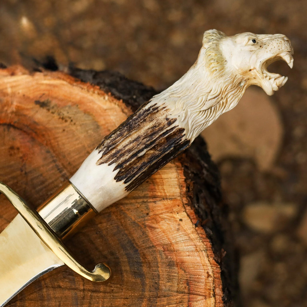 Handcrafted Stag Antler Handle Bowie Knife – Lion Head Carved Handle