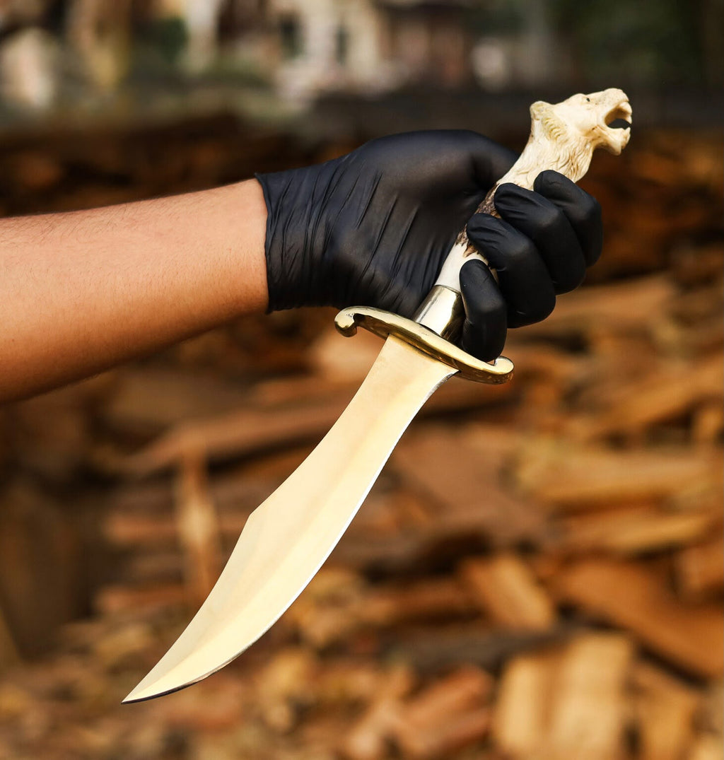 Handcrafted Stag Antler Handle Bowie Knife – Lion Head Carved Handle