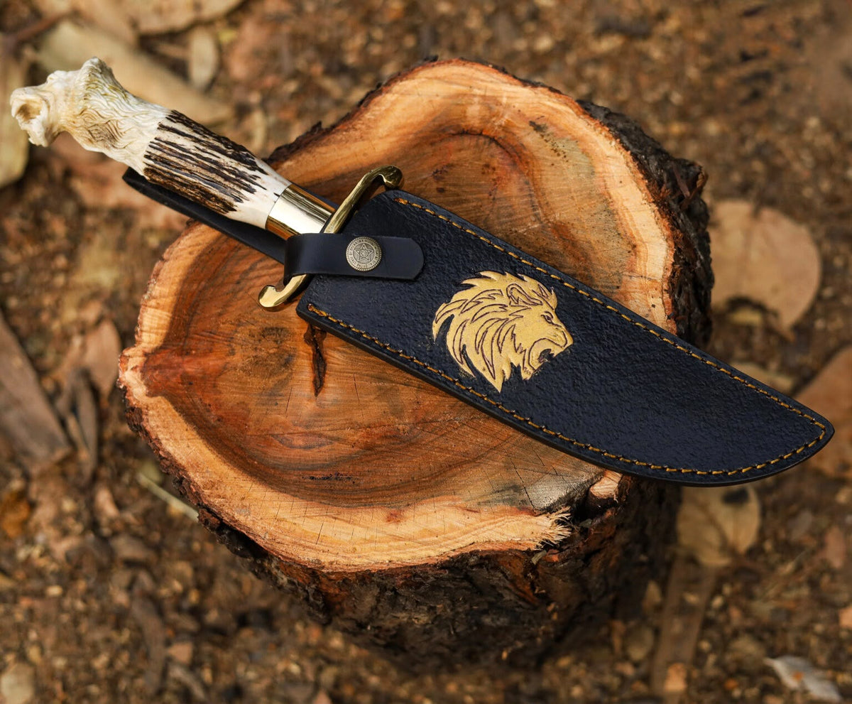 Handcrafted Stag Antler Handle Bowie Knife – Lion Head Carved Handle