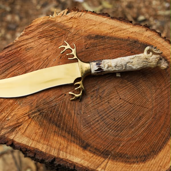 Handcrafted Stag Antler Handle Bowie Knife – Ram Head Carved Handle