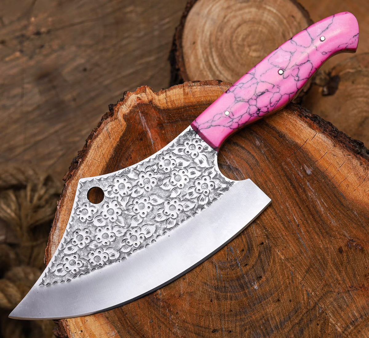 Handmade Damascus Knife with Full Tang D2 blade And Pink Resin Handle – Fixed Blade Hunting Knife for Women & Collectors