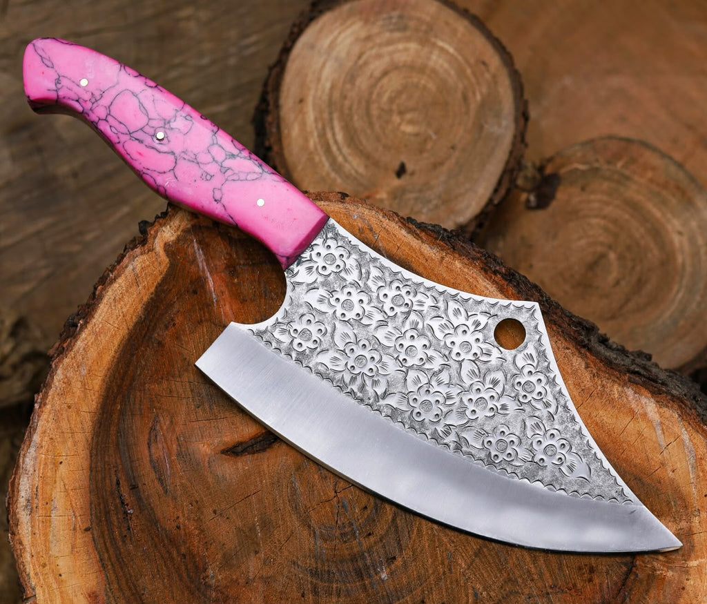 Handmade Damascus Knife with Full Tang D2 blade And Pink Resin Handle – Fixed Blade Hunting Knife for Women & Collectors