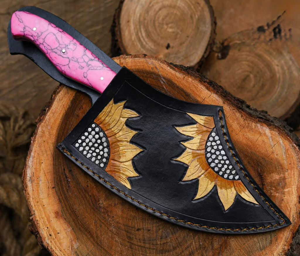 Handmade Damascus Knife with Full Tang D2 blade And Pink Resin Handle – Fixed Blade Hunting Knife for Women & Collectors