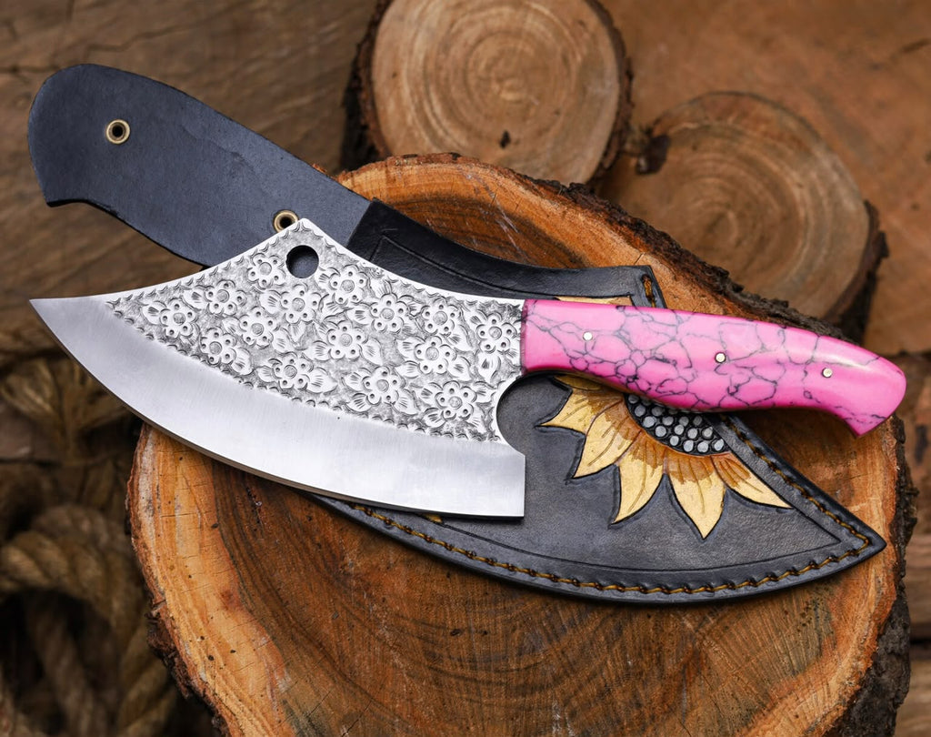 Handmade Damascus Knife with Full Tang D2 blade And Pink Resin Handle – Fixed Blade Hunting Knife for Women & Collectors