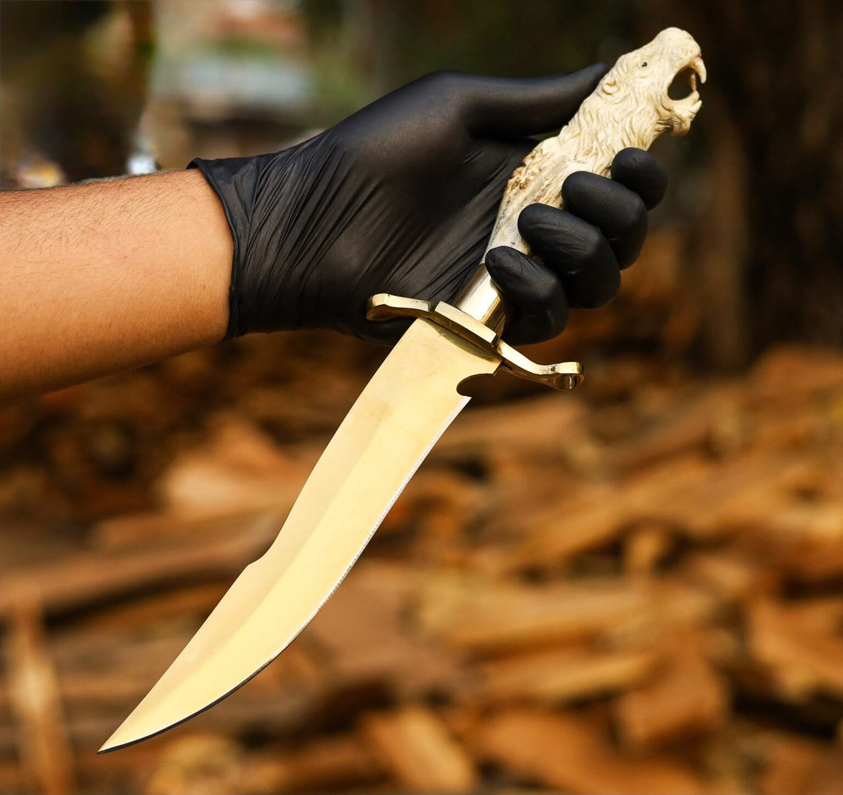 Handcrafted Stag Antler Handle Bowie Knife – Tiger Head Carved Handle