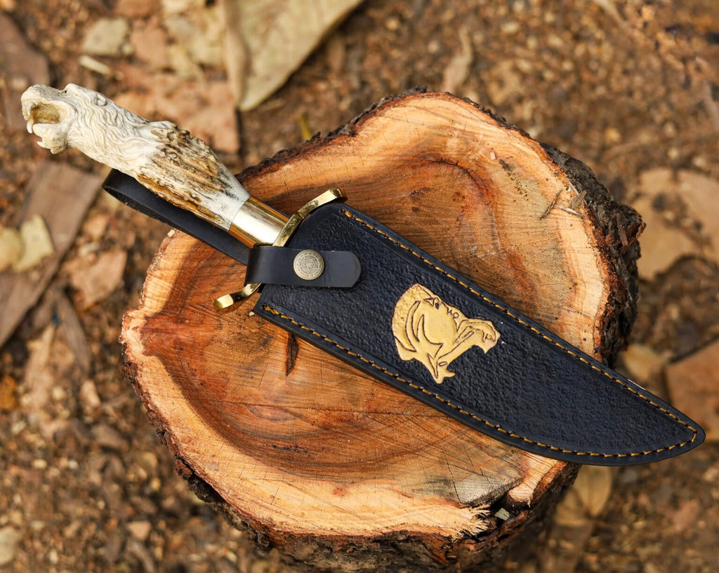 Handcrafted Stag Antler Handle Bowie Knife – Tiger Head Carved Handle