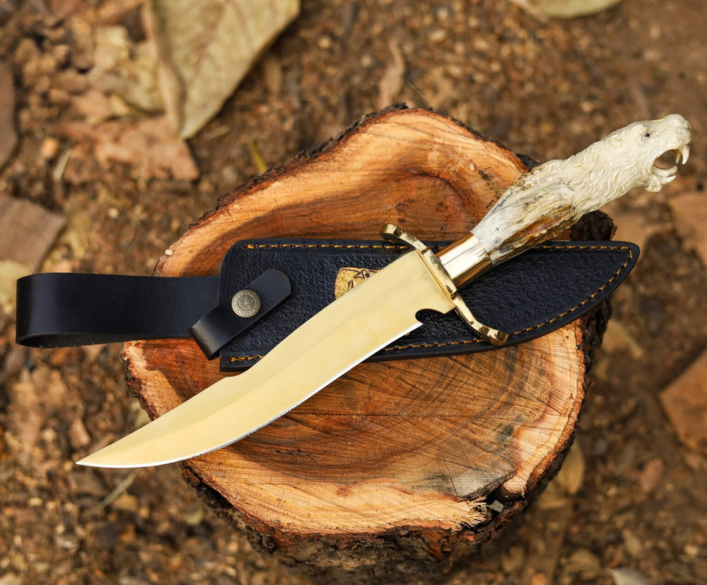 Handcrafted Stag Antler Handle Bowie Knife – Tiger Head Carved Handle
