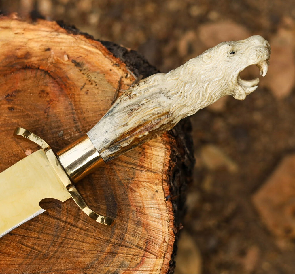 Handcrafted Stag Antler Handle Bowie Knife – Tiger Head Carved Handle
