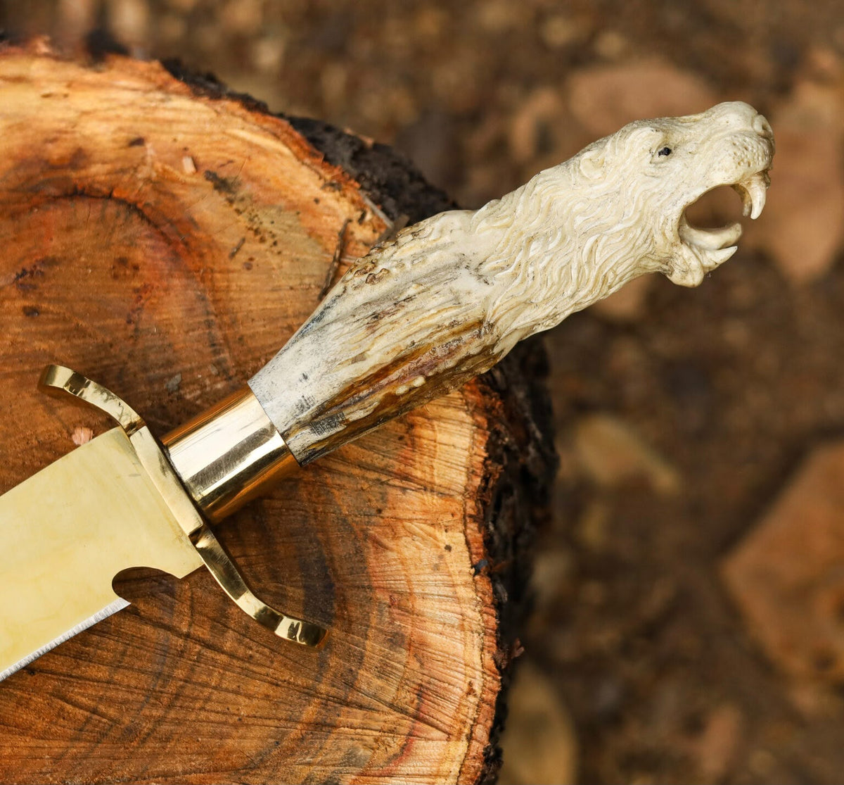Handcrafted Stag Antler Handle Bowie Knife – Tiger Head Carved Handle