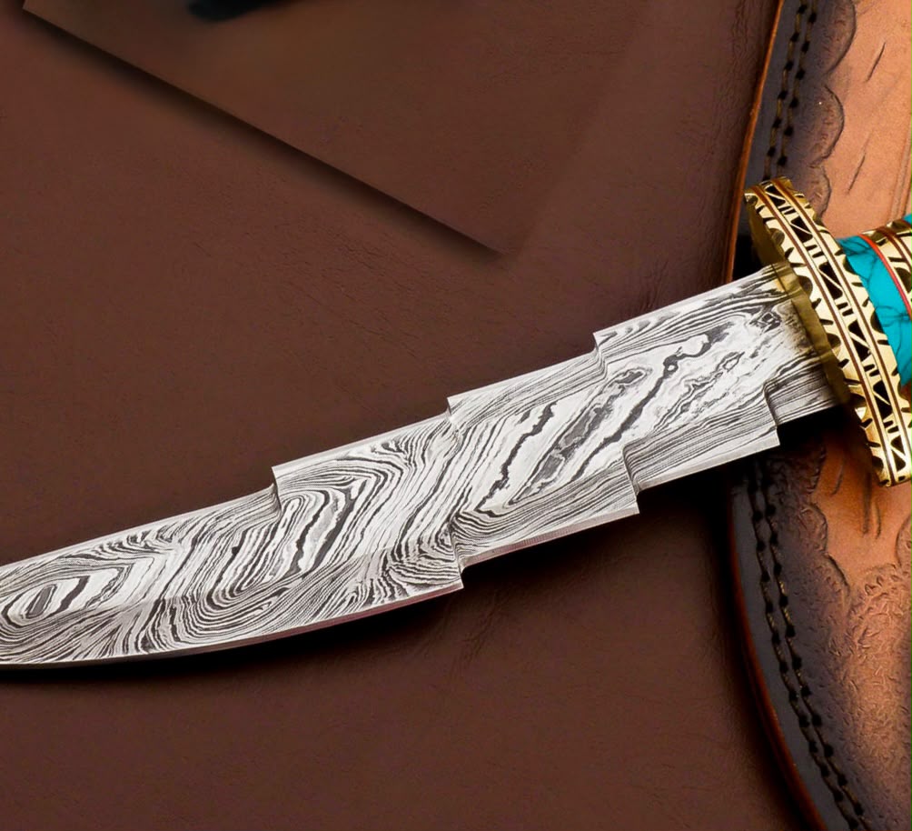 Damascus Steel Bowie Knife with Turquoise Handle & Brass Guard