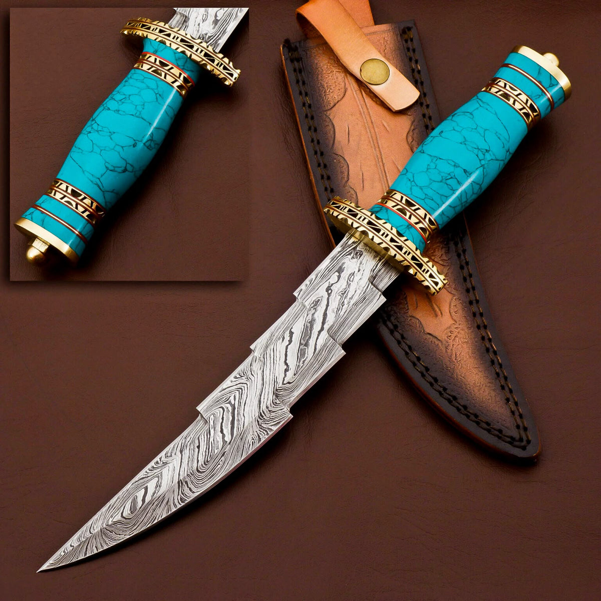 Damascus Steel Bowie Knife with Turquoise Handle & Brass Guard