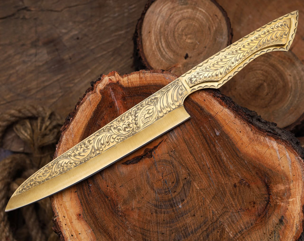 Premium Gold Engraved Knife with Floral Leather Sheath