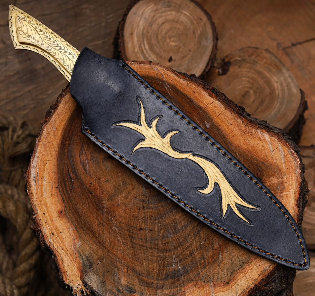 Premium Gold Engraved Knife with Floral Leather Sheath